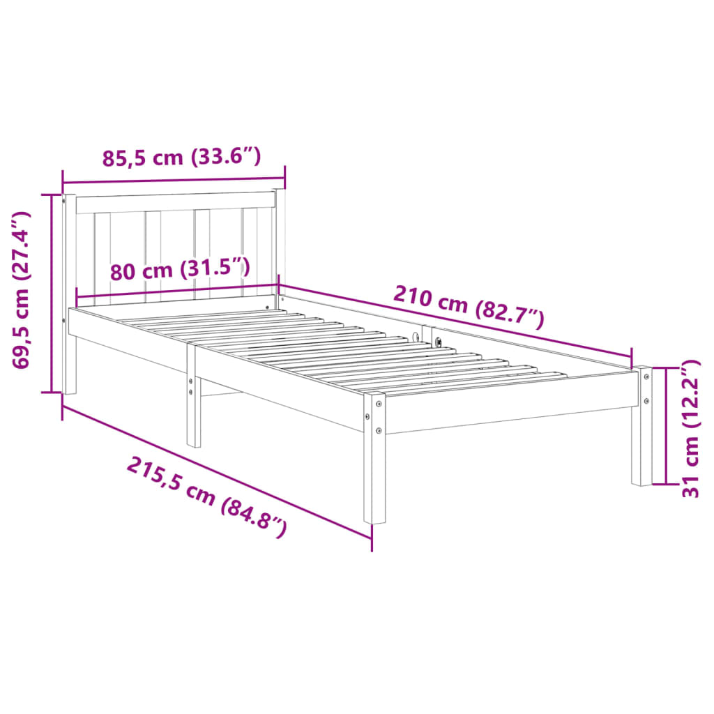 Bed Frame | White | Solid pine wood | Single, 80x210 cm | Extra Long