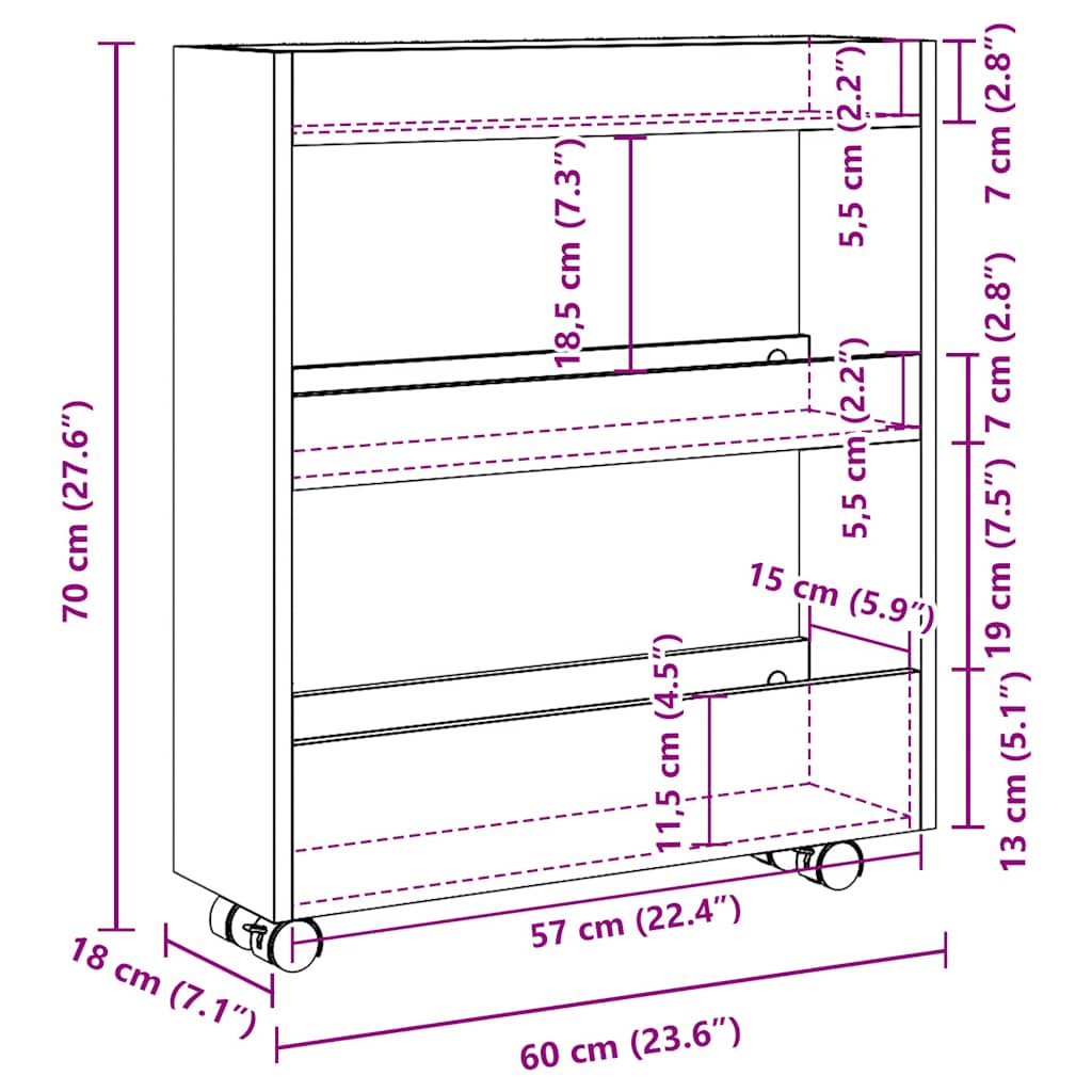 Narrow Storage Trolley 3 Tier Grey Sonoma Engineered Wood