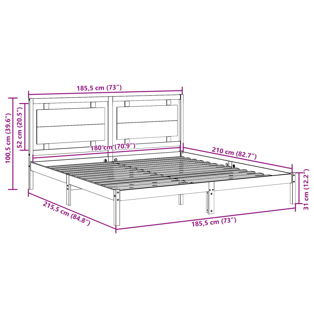 Extra Long Bed Frame without Mattress 180x210 cm Solid Wood