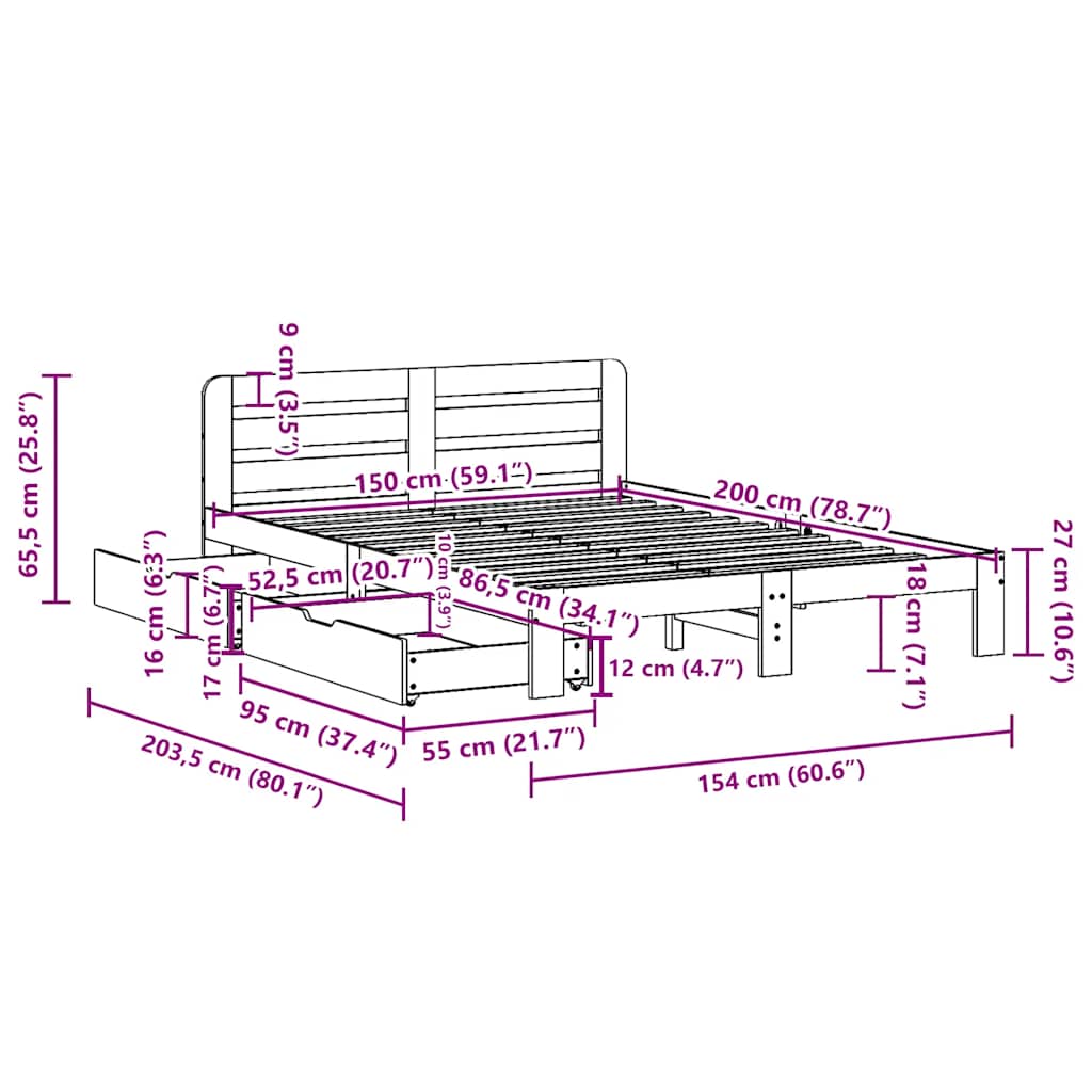 Bed Frame without Mattress White 150x200 cm King Size Solid Wood Pine