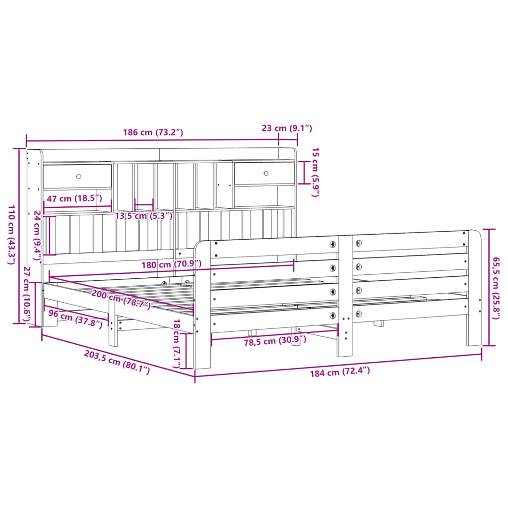 Bookcase Bed without Mattress 180x200 cm Super King Solid Wood Pine