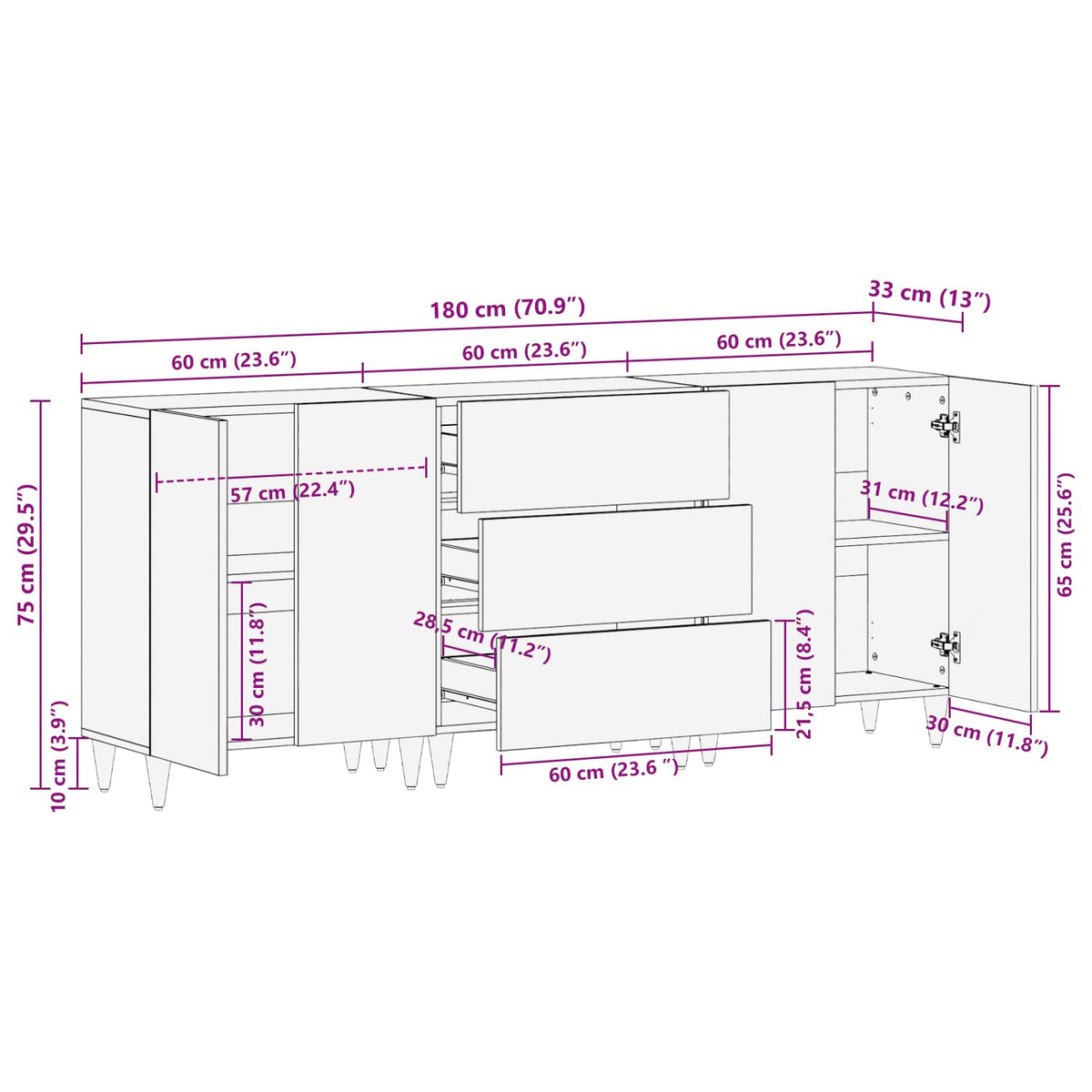 Storage Cabinets 3 pcs 180 x 33 x 75 cm Solid Mango Wood