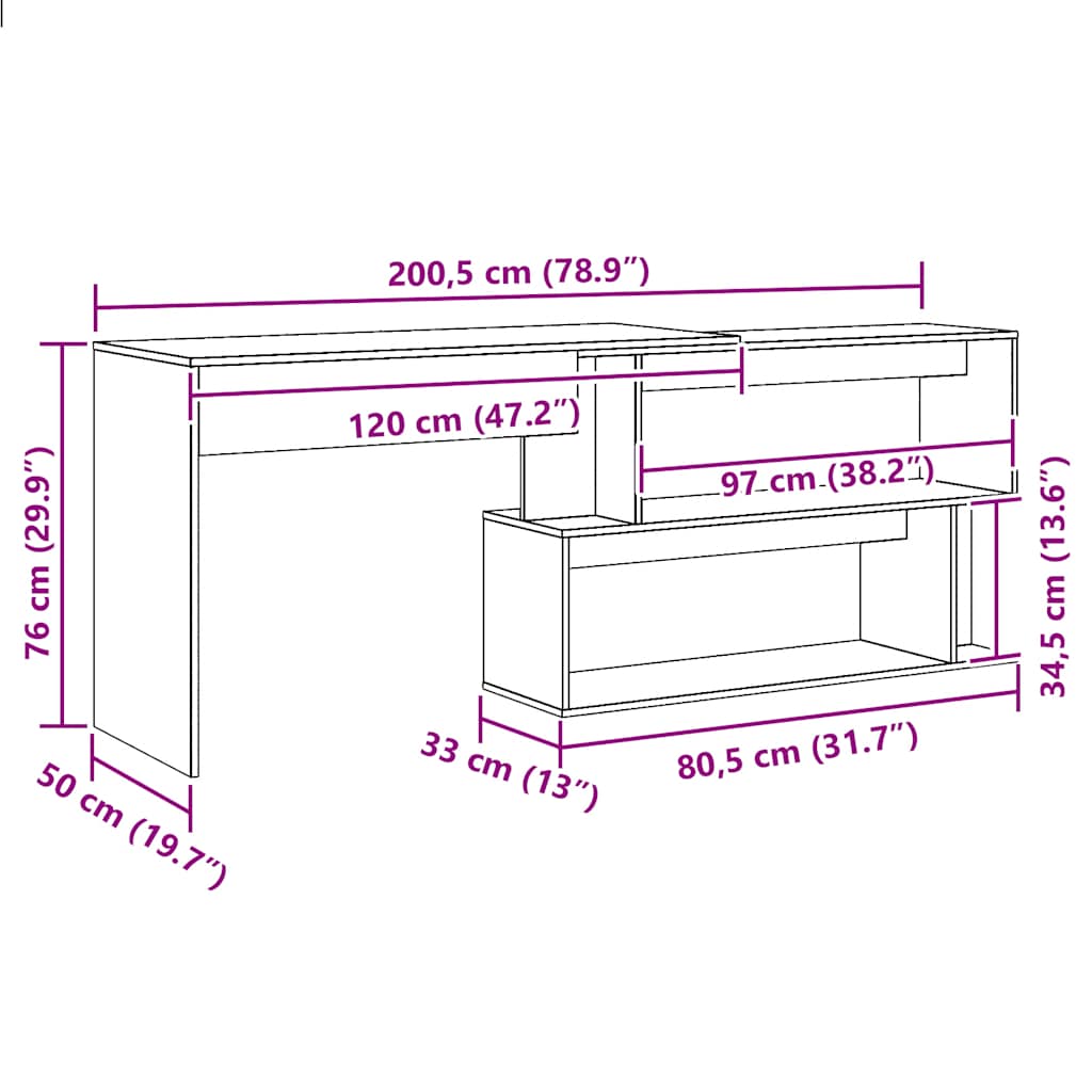 vidaXL Corner Desk Artisan Oak 200.5x50x76 cm Engineered Wood