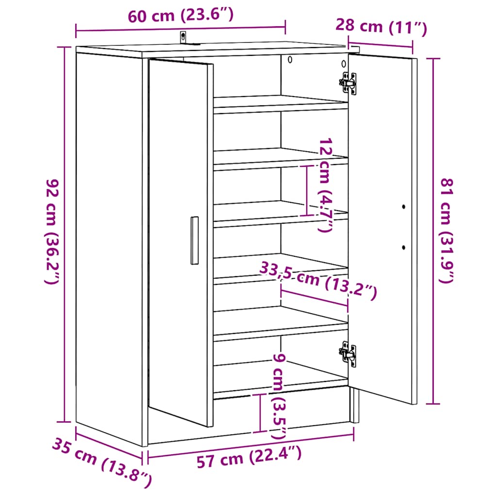 Shoe Cabinet Artisan Oak 60x35x92 cm Engineered Wood
