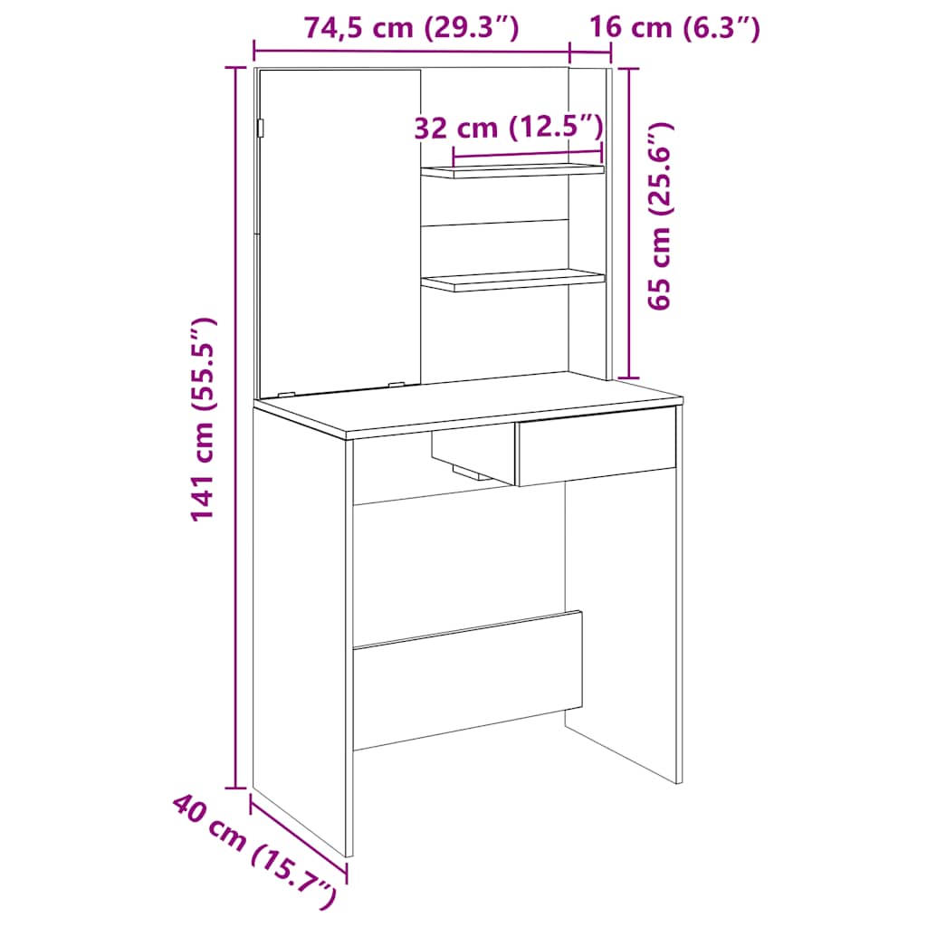 Dressing Table with Mirror Old Wood 74,5x40x141 cm