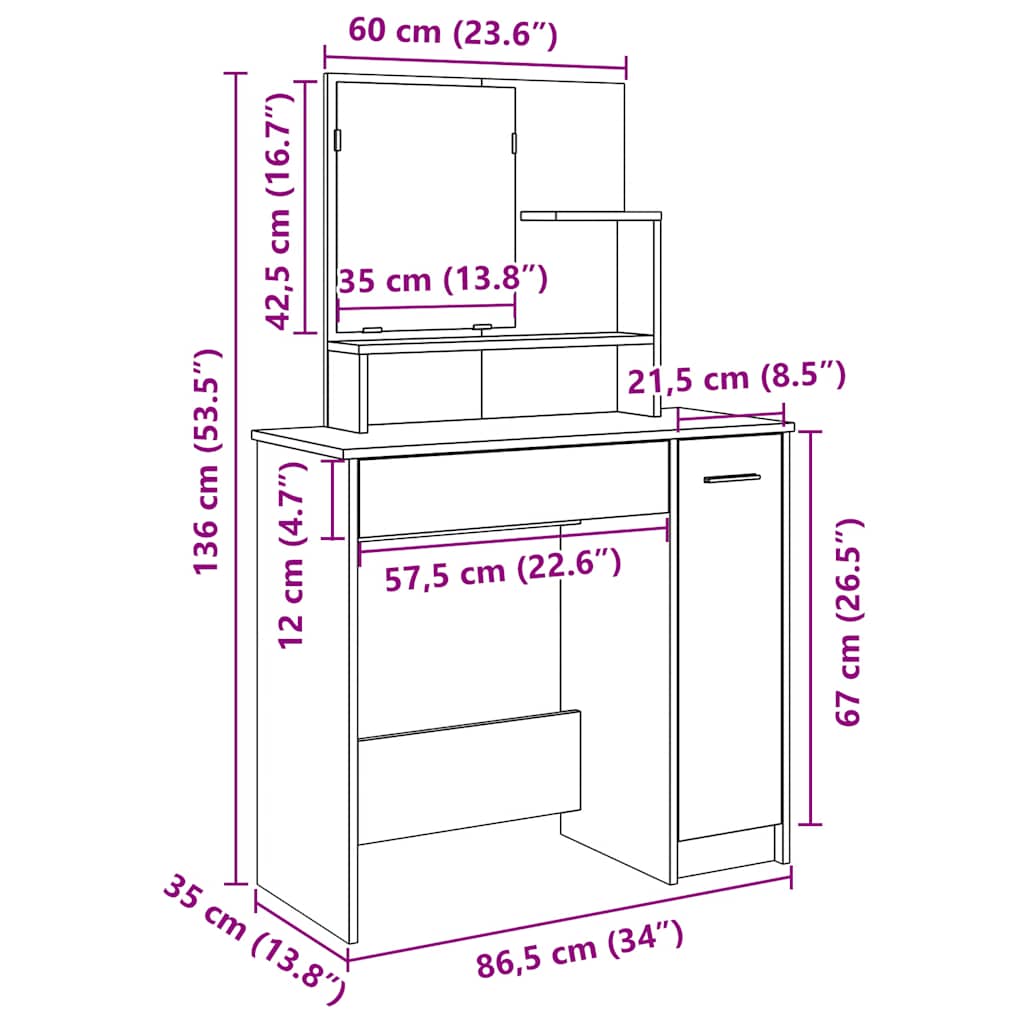 Dressing Table with Mirror Old Wood 86,5x35x136 cm
