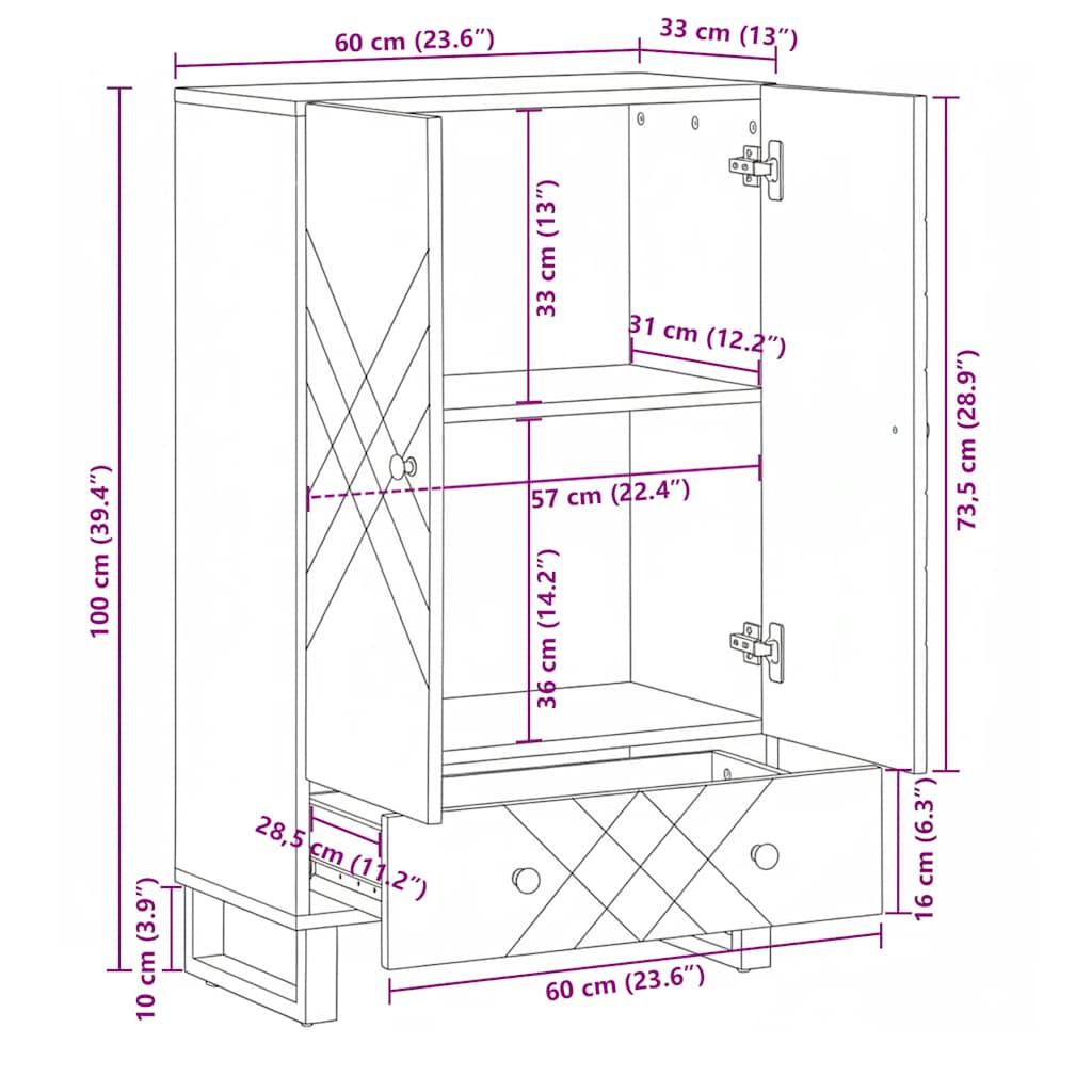 Highboard Black 60x33x100 cm Solid Wood Mango