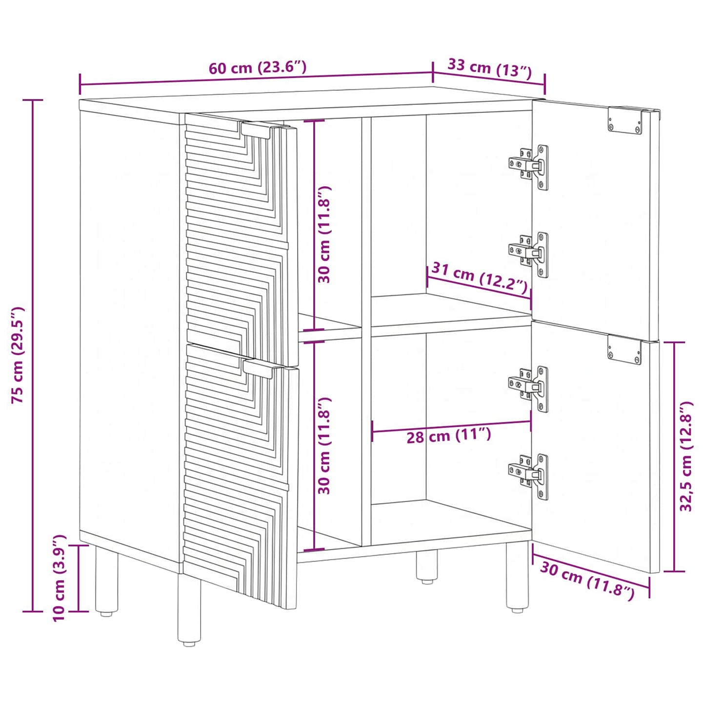 Sideboard with Shelf Brown 60 x 33 x 75 cm Solid Mango Wood