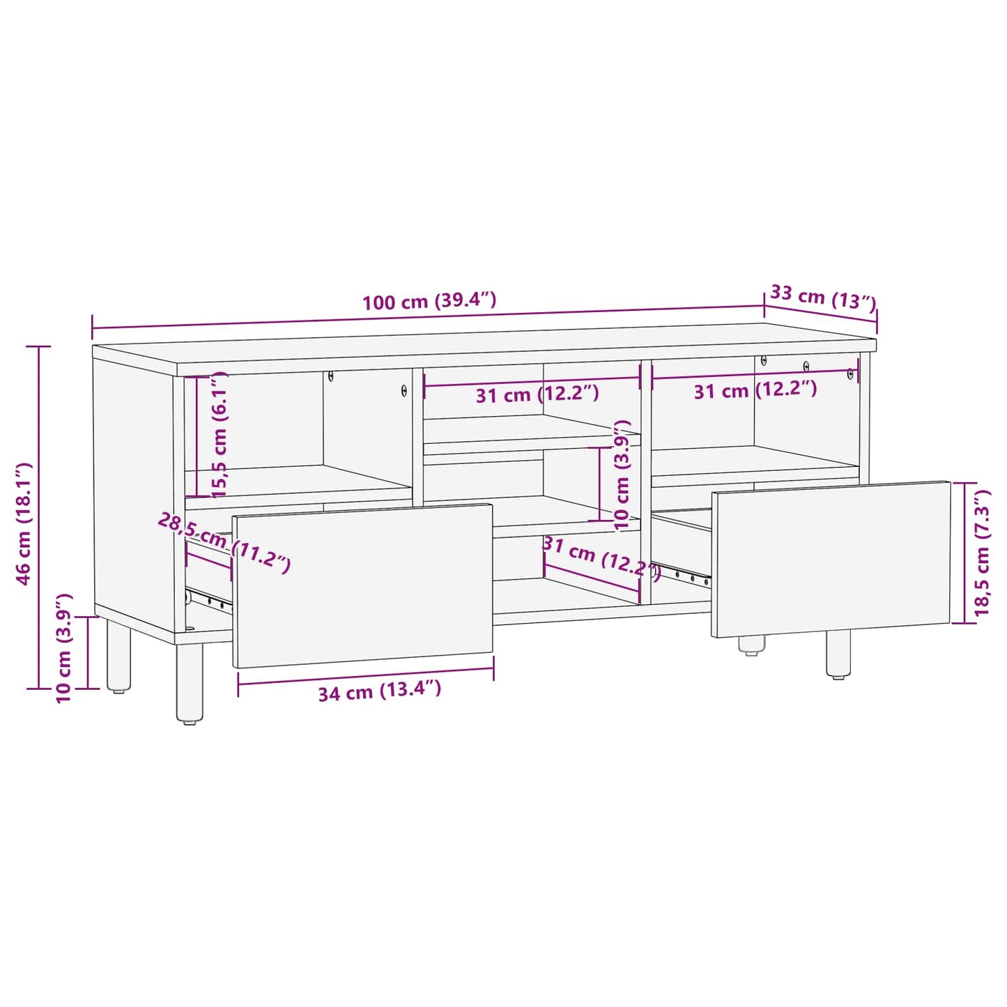 TV Cabinet White Wash Finish 100 x 33 x 46 cm Solid Mango Wood
