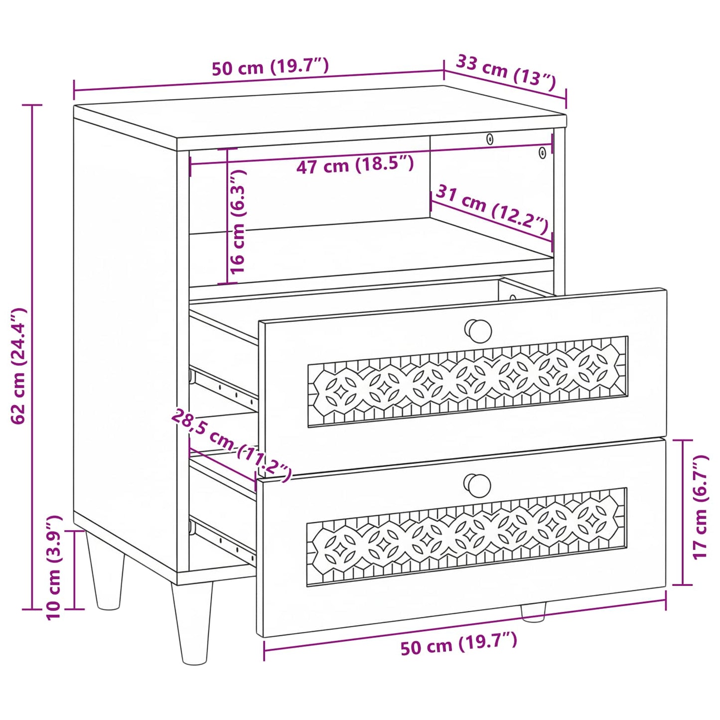 Bedside Cabinet White 50 x 33 x 62 cm Engineered Wood