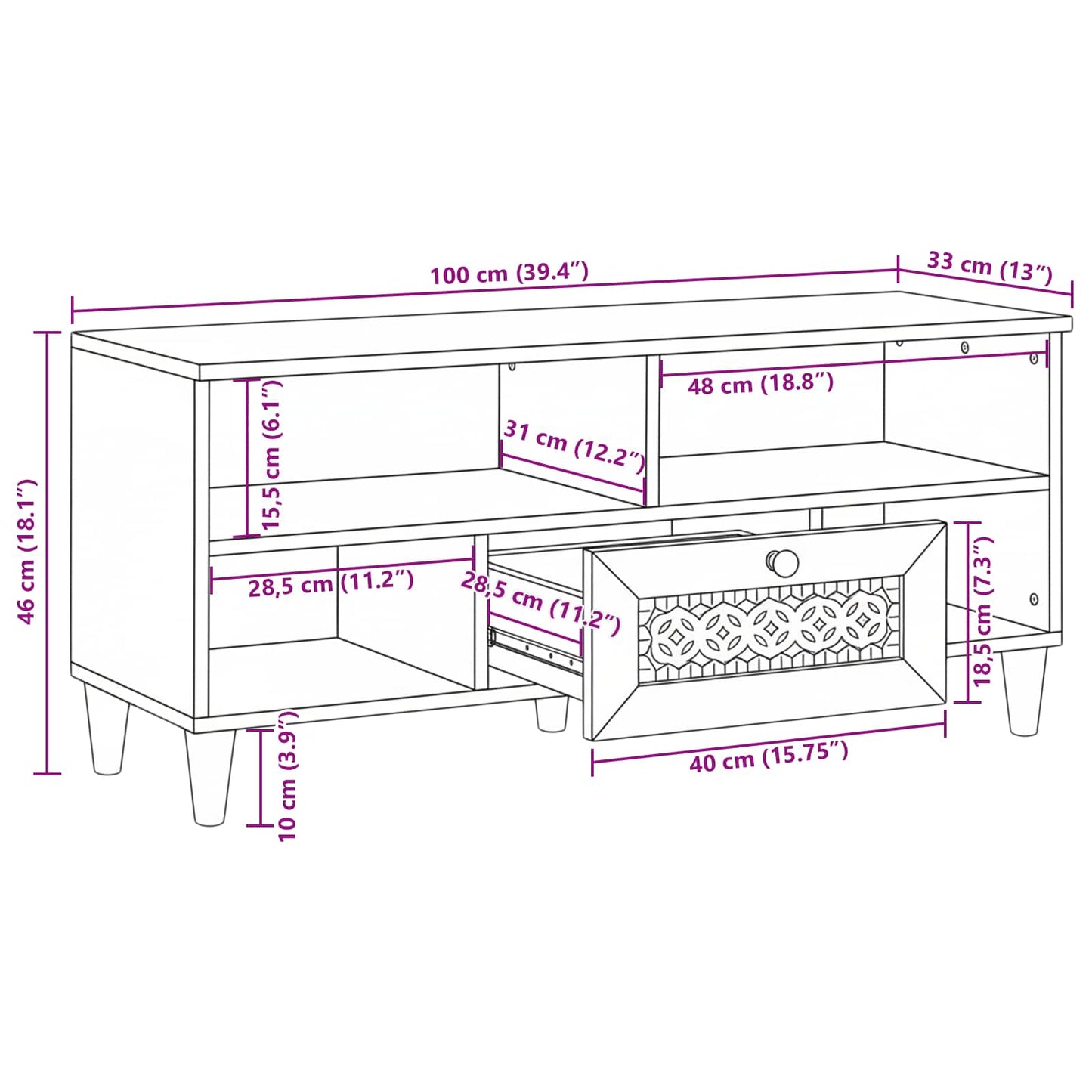 TV Cabinet Bleached White 100 x 33 x 46 cm Solid Mango Wood