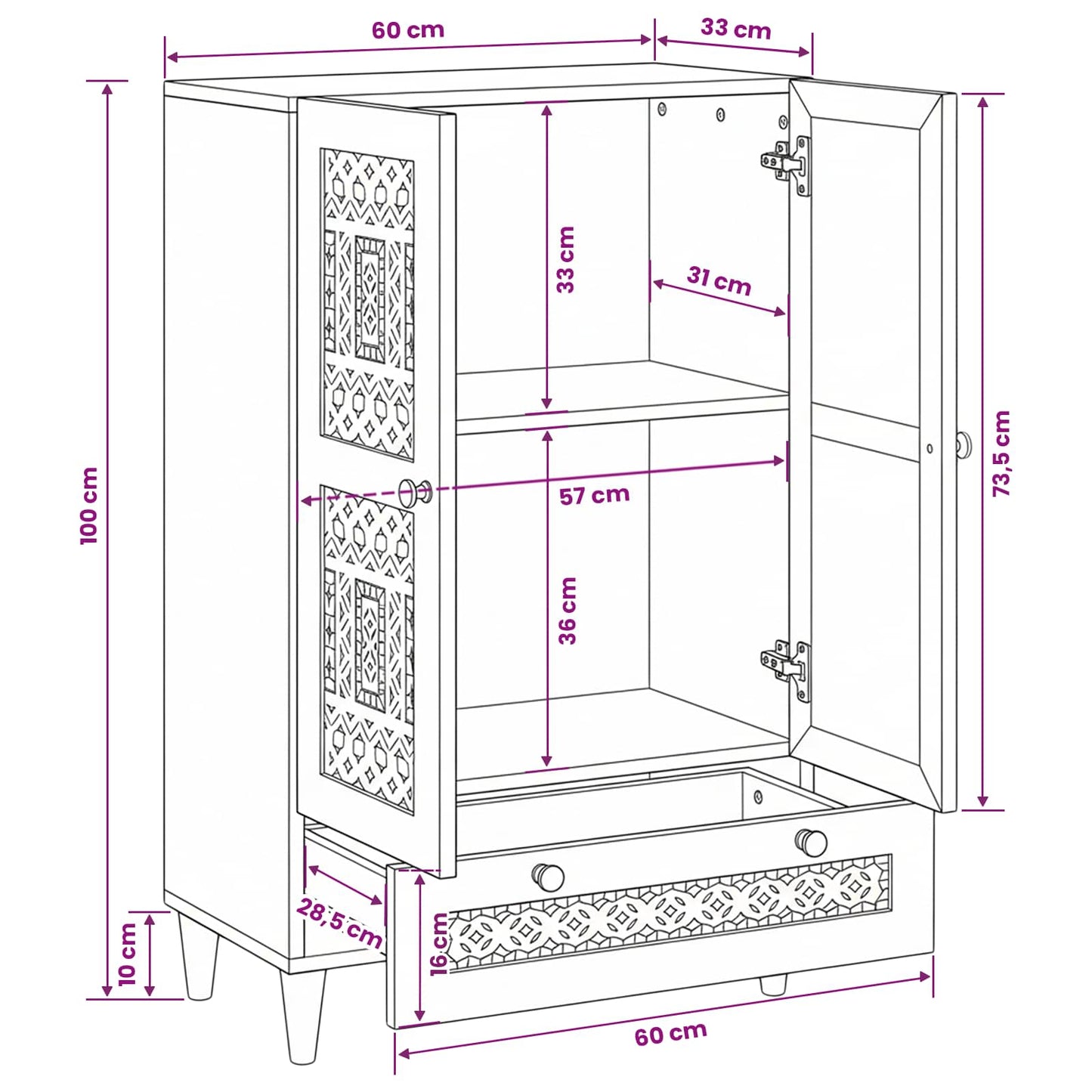 Highboard White 60 x 33 x 100 cm Solid mango wood