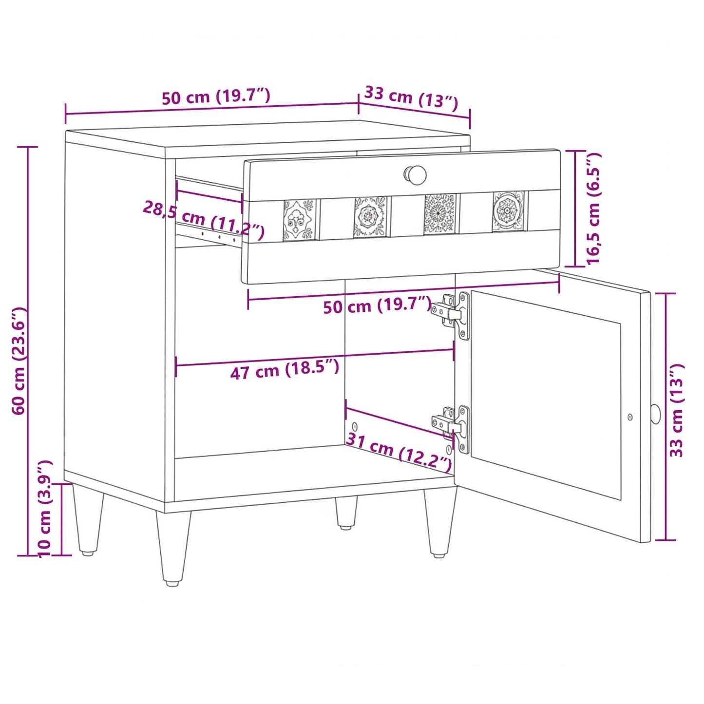 Bedside Cabinet Brown 50 x 33 x 60 cm Solid Mango Wood
