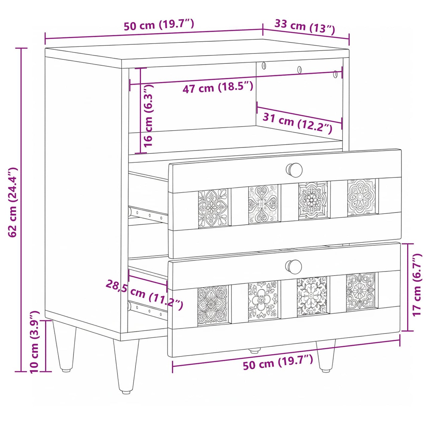 Bedside Cabinet Natural 50 x 33 x 62 cm Solid Mango Wood