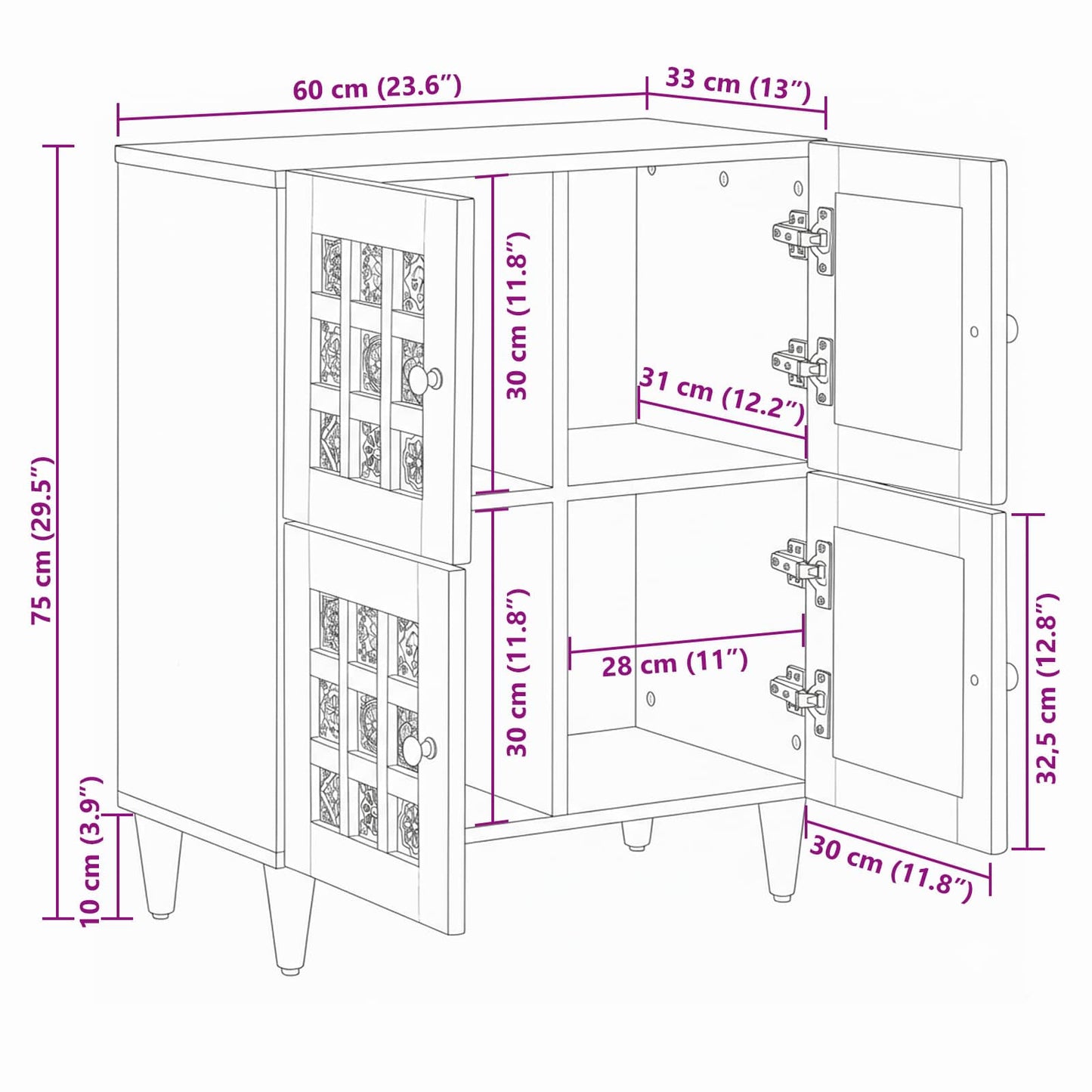 Sideboard with Storage Natural 60 x 33 x 75 cm Solid Mango Wood