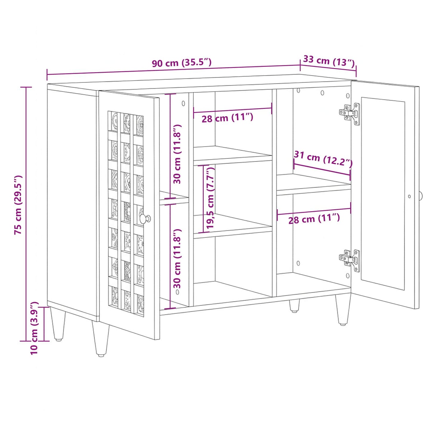 Sideboard with Shelf Natural 90 x 33 x 75 cm Solid Mango Wood