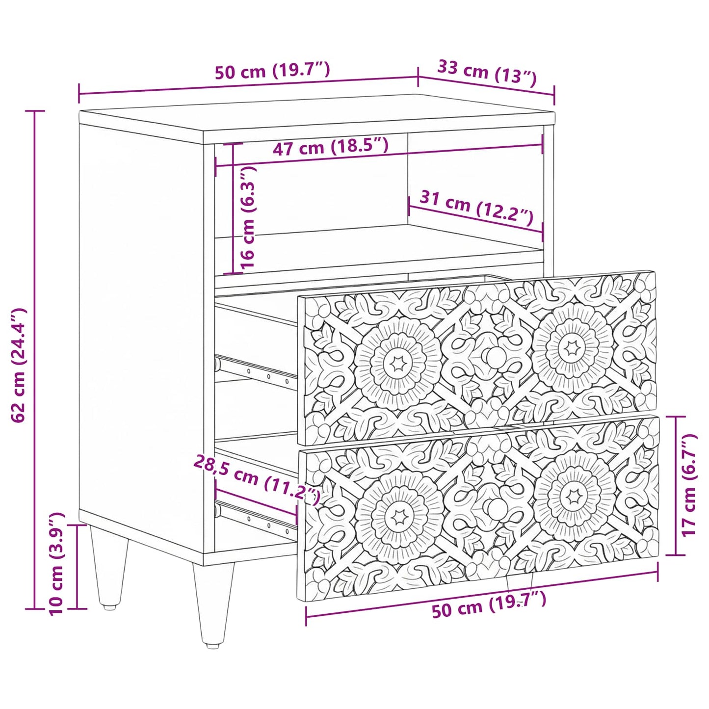 Bed cabinet with Drawer Brown 50 x 33 x 60 cm Solid Mango Wood