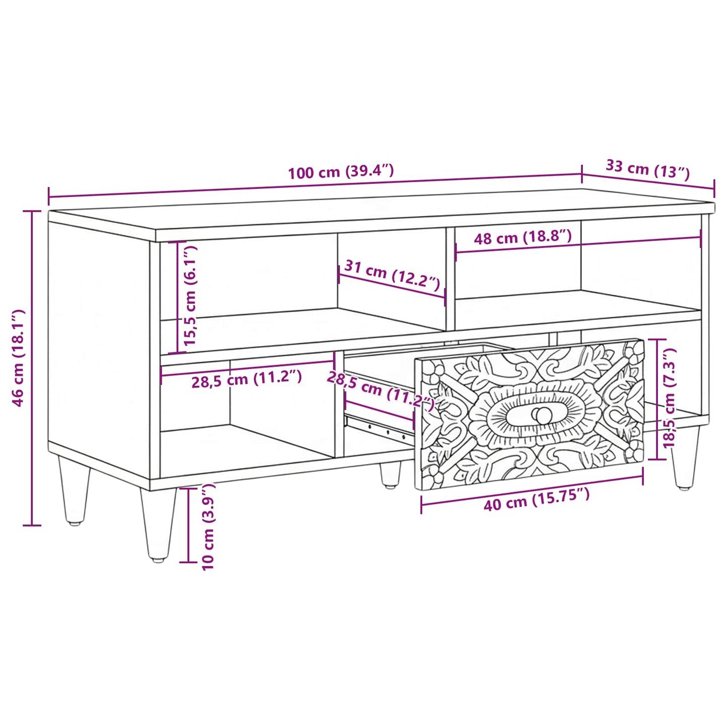 TV Cabinet with Shelf Brown 100 x 33.5 x 46 cm Solid Mango Wood