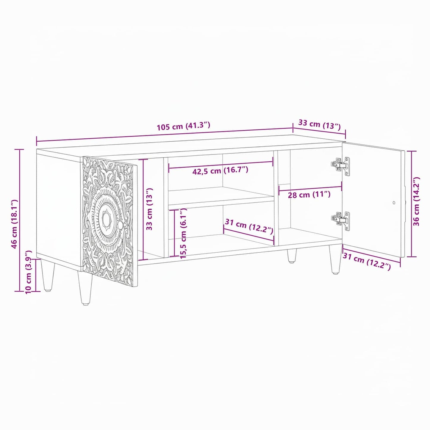 TV Cabinet White 105 x 33.5 x 46 cm Solid Mango Wood