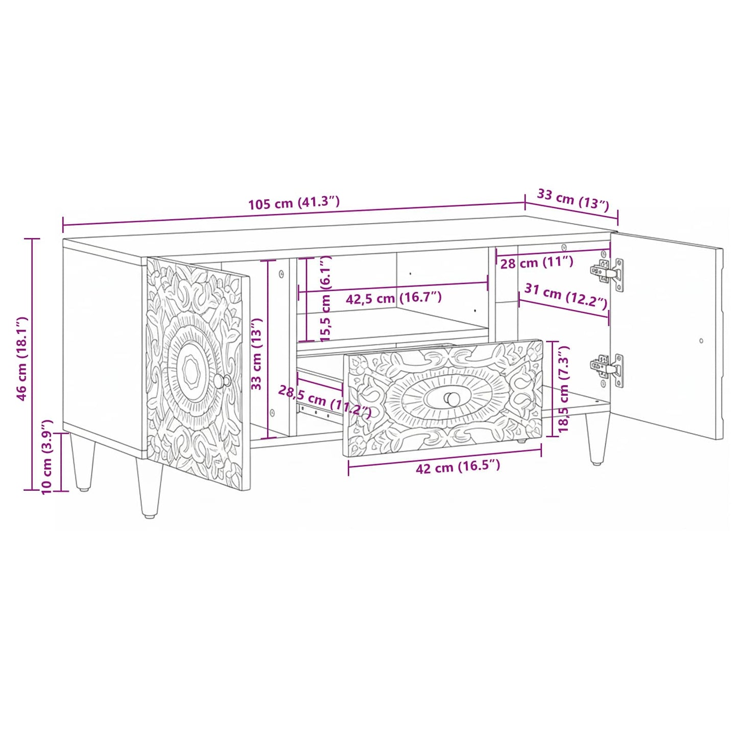 TV Cabinet with Door White 105 x 33.5 x 46 cm Solid Mango Wood