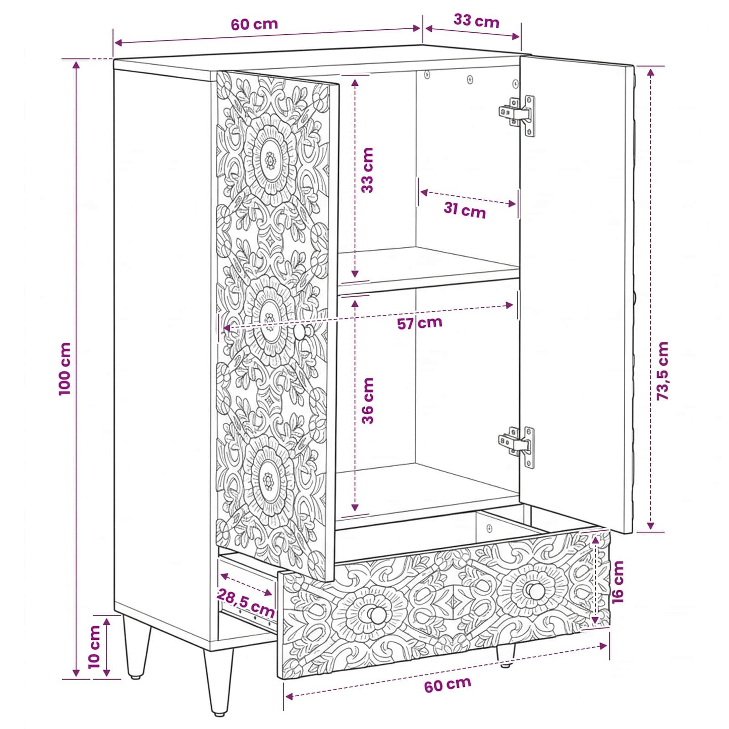 High Board with Shelf White 60 x 33.5 x 100 cm Solid Mango Wood
