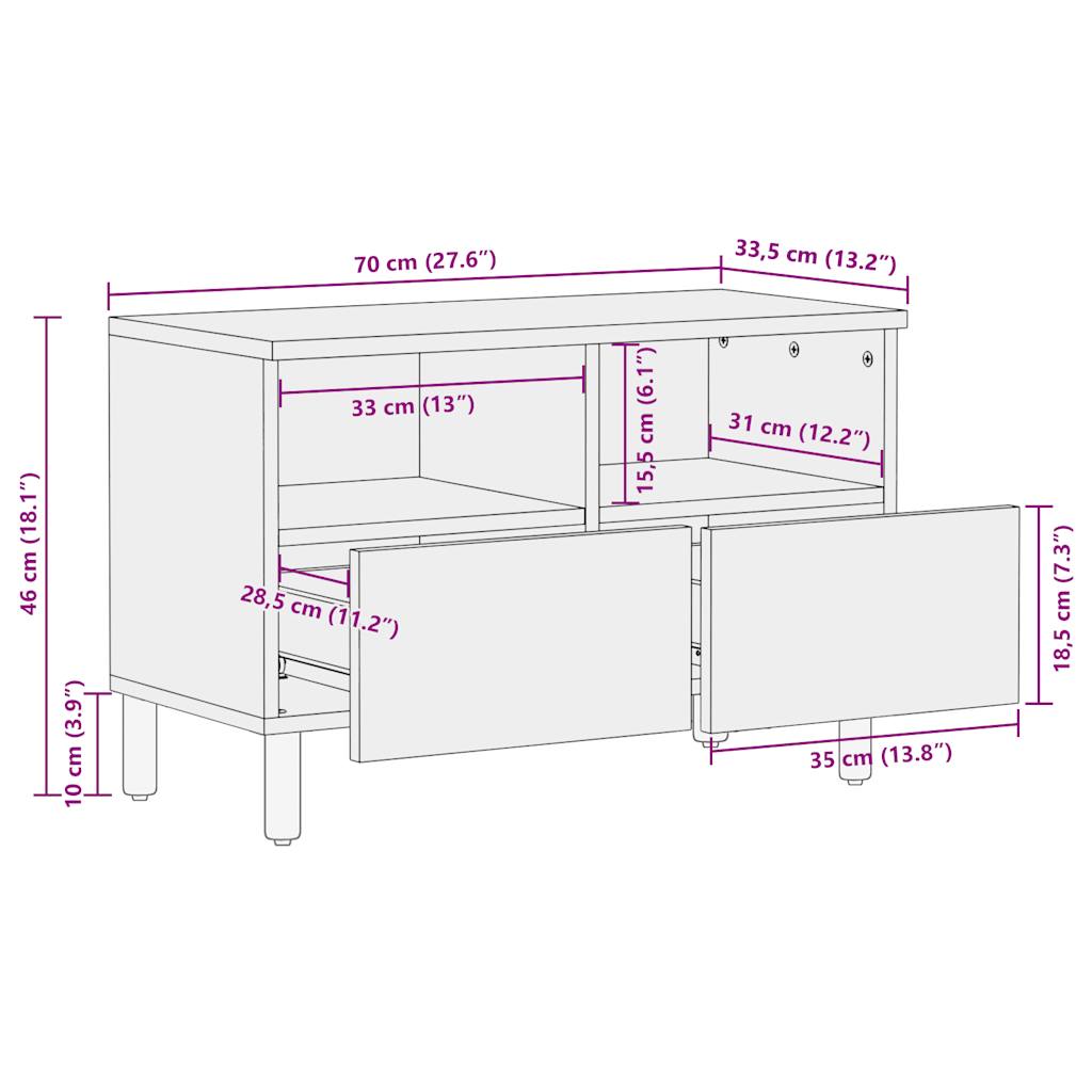 TV Cabinet Black 70x33,5x46 cm Solid Rough Wood Mango