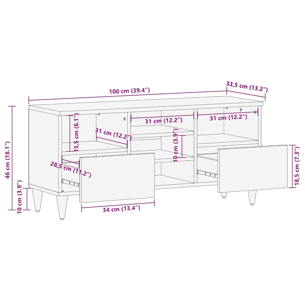 TV Cabinet 100x33,5x46 cm Solid Wood Mango