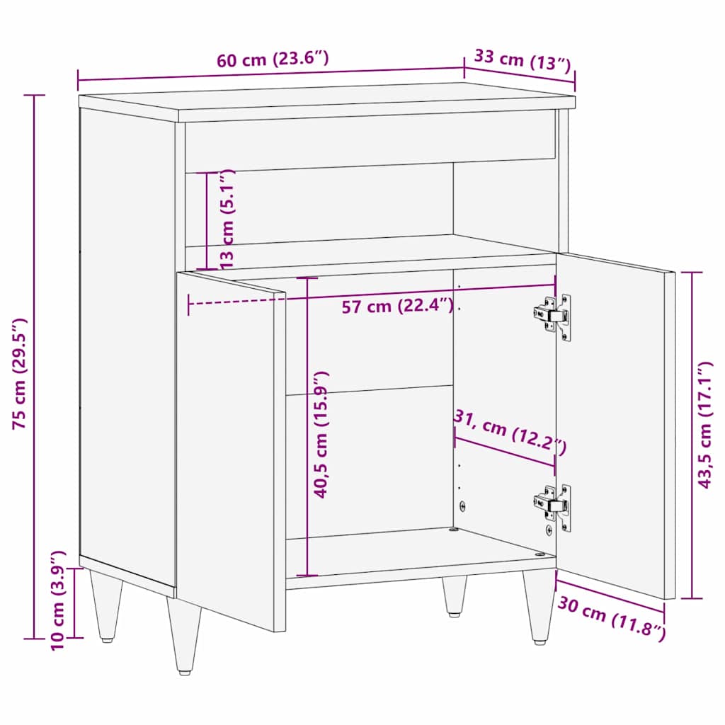 Sideboard with Shelf Brown 60 x 33 x 75 cm Solid Mango Wood