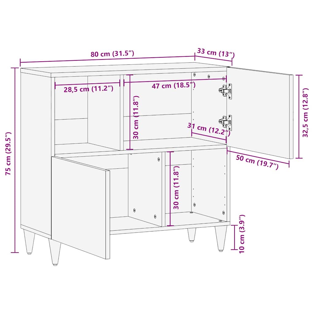 Sideboard with Shelf Brown 80 x 33 x 75 cm Solid Mango Wood