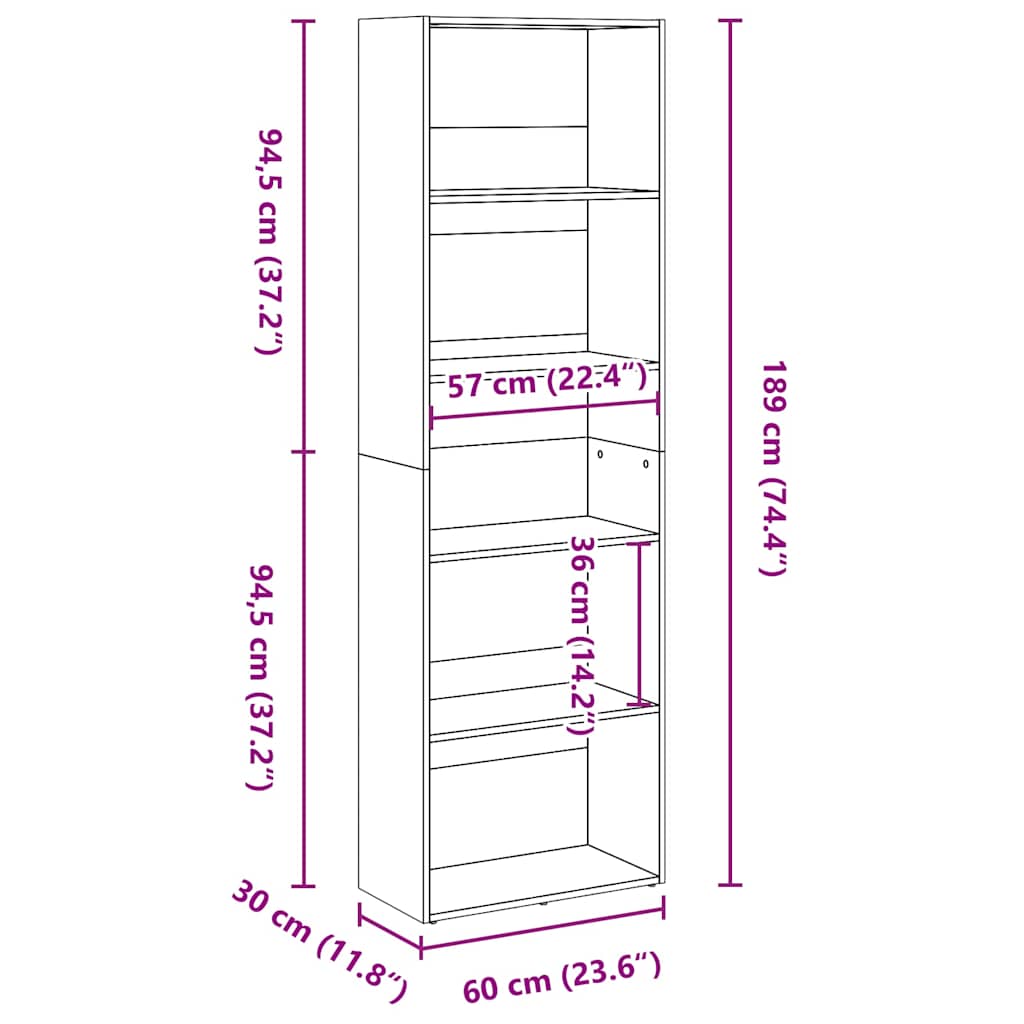 Bookcase Smoked Oak 60x30x189 cm Engineered Wood