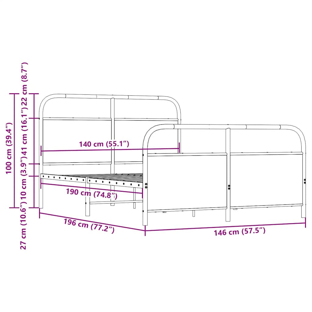 Metal Bed Frame without Mattress Smoked Oak 140x190 cm