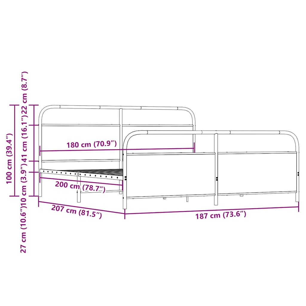 Metal Bed Frame without Mattress Brown Oak 180x200 cm Super King