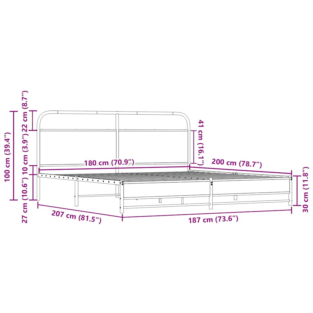Metal Bed Frame without Mattress Sonoma Oak 180x200 cm Super King