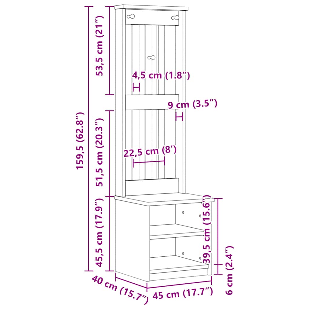 Hall Tree "SANDNES" White 45x40x159,5 cm Solid Wood Pine