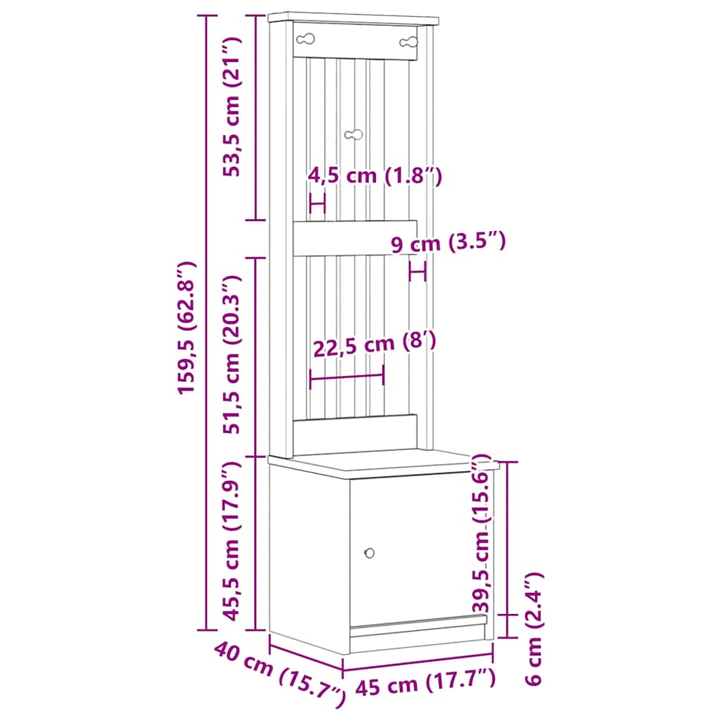 Hall Tree "SANDNES" 45x40x159,5 cm Solid Wood Pine