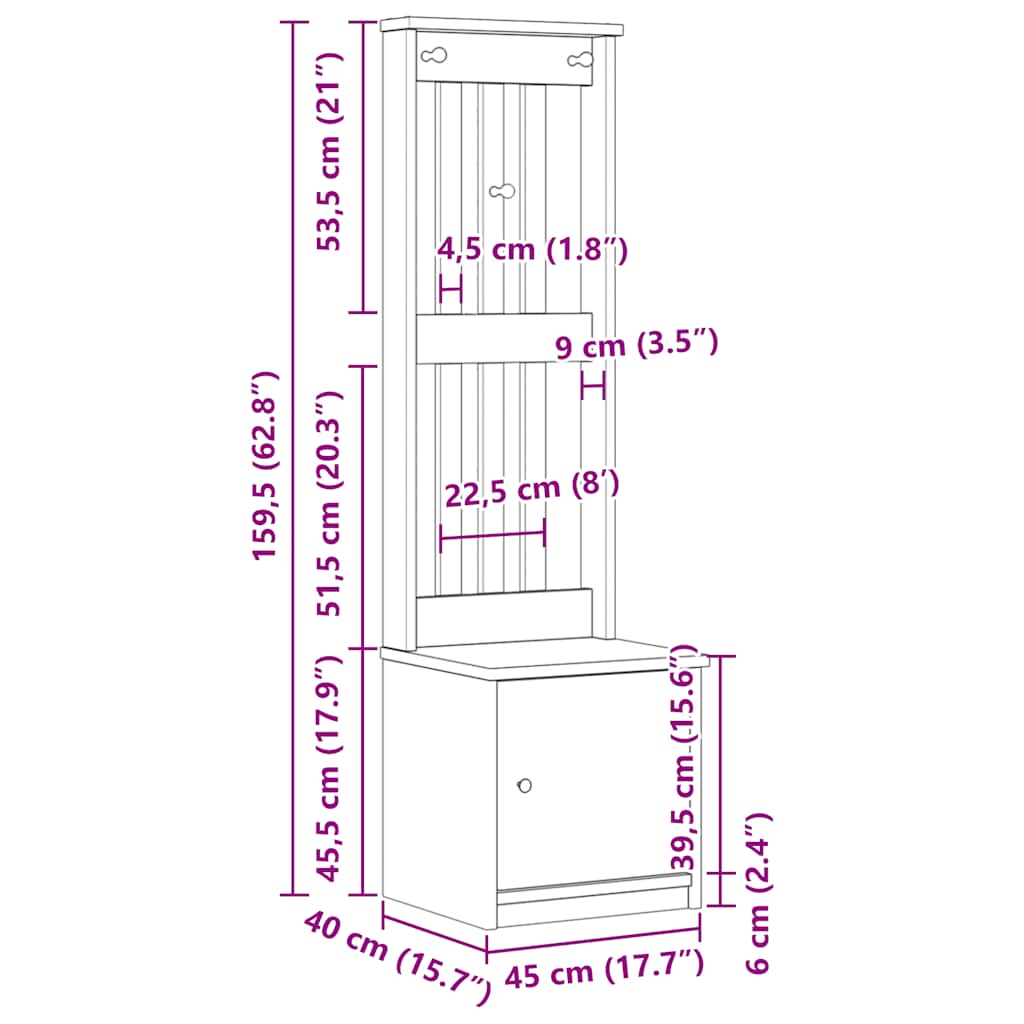 Hall Tree "SANDNES" 45x40x159,5 cm Solid Wood Pine