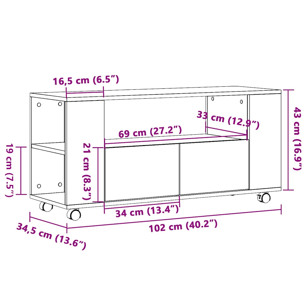 TV Cabinet with Wheels Artisan Oak 102x34.5x43 cm