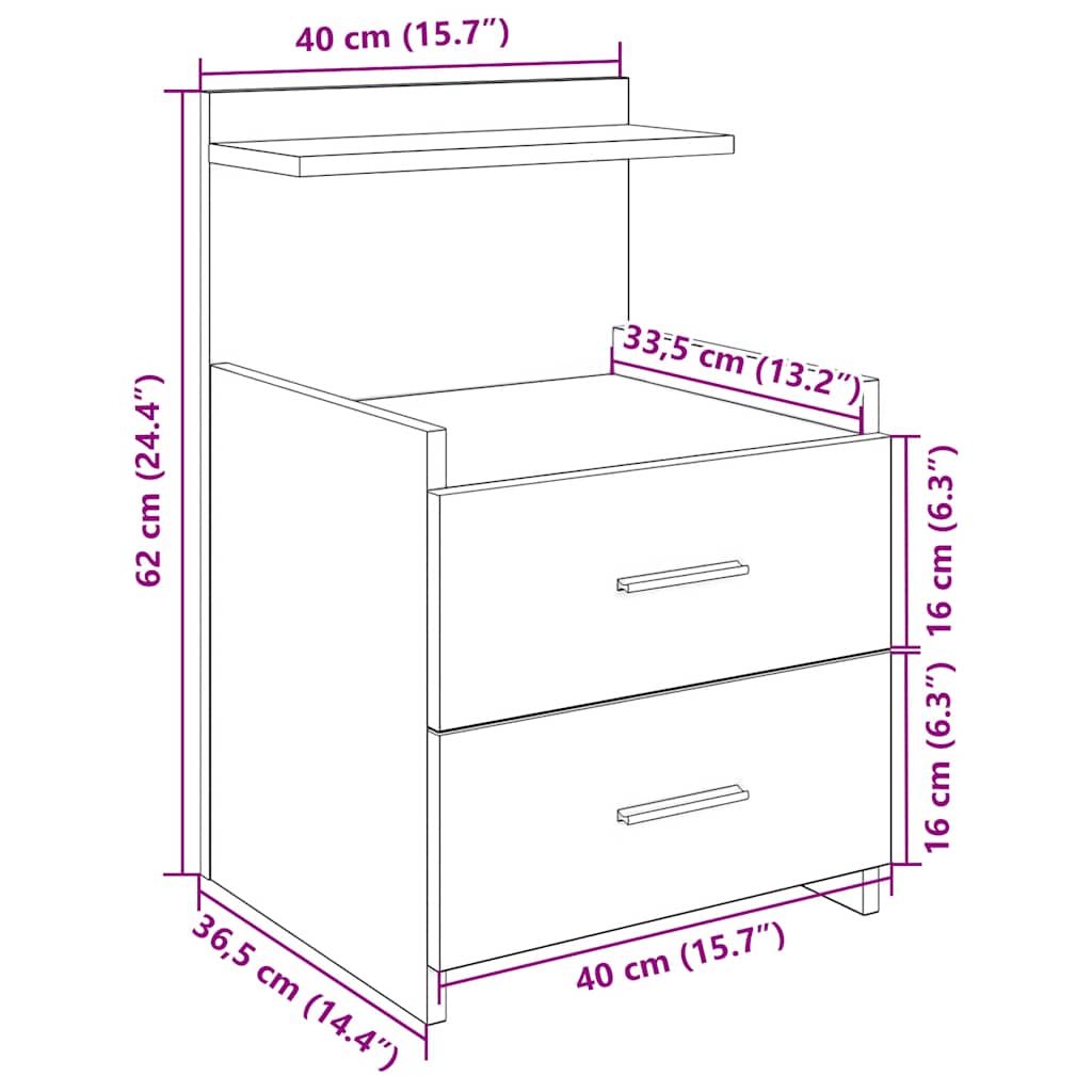 Bedside Cabinet with 2 Drawers White 40x36,5x62 cm