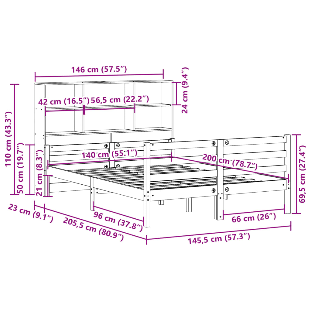 Bookcase Bed without Mattress White 140x200 cm Solid Wood Pine