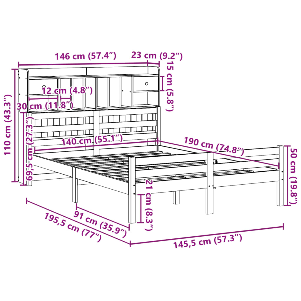 Bookcase Bed without Mattress 140x190cm Solid Wood Pine