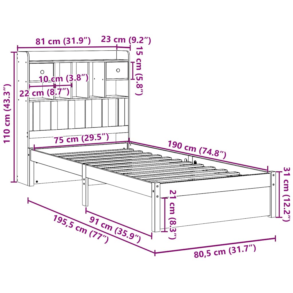 Bookcase Bed without Mattress White 75x190cm Small Single Solid Wood Pine