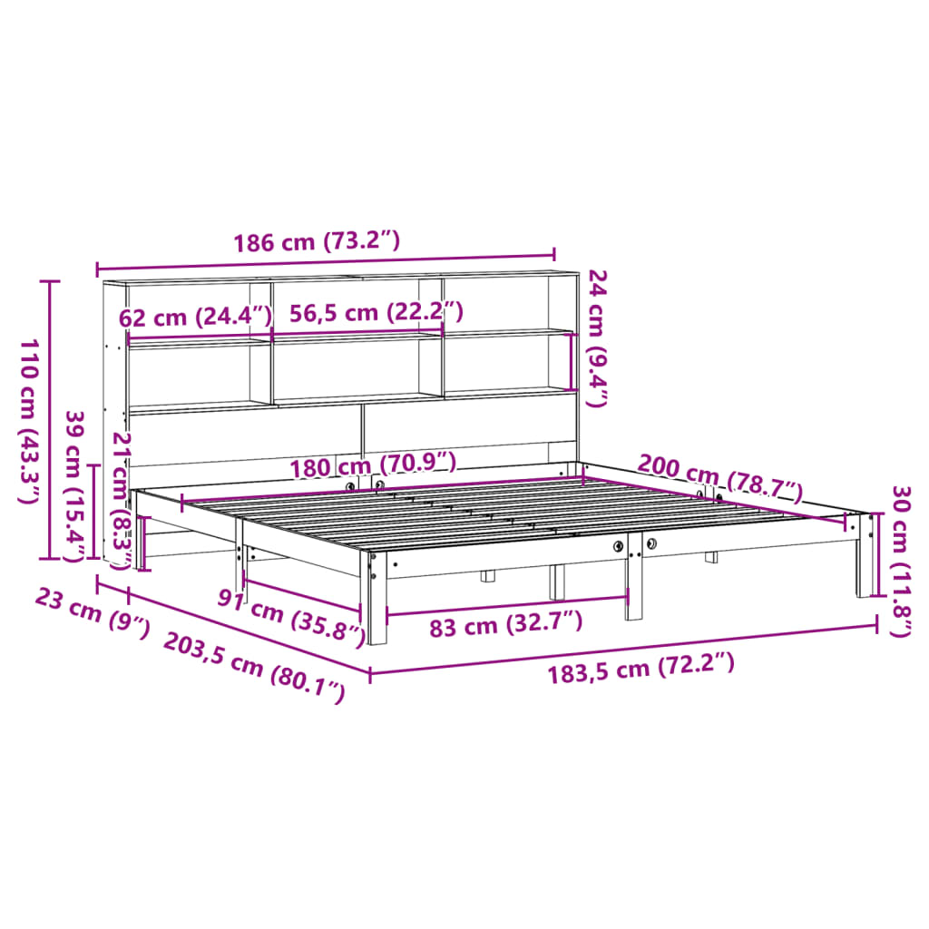 Bookcase Bed without Mattress White 180x200 cm Super King Solid Wood Pine
