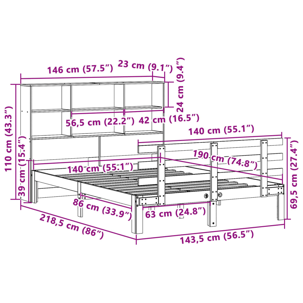 Bookcase Bed without Mattress White 140x190cm Solid Wood Pine