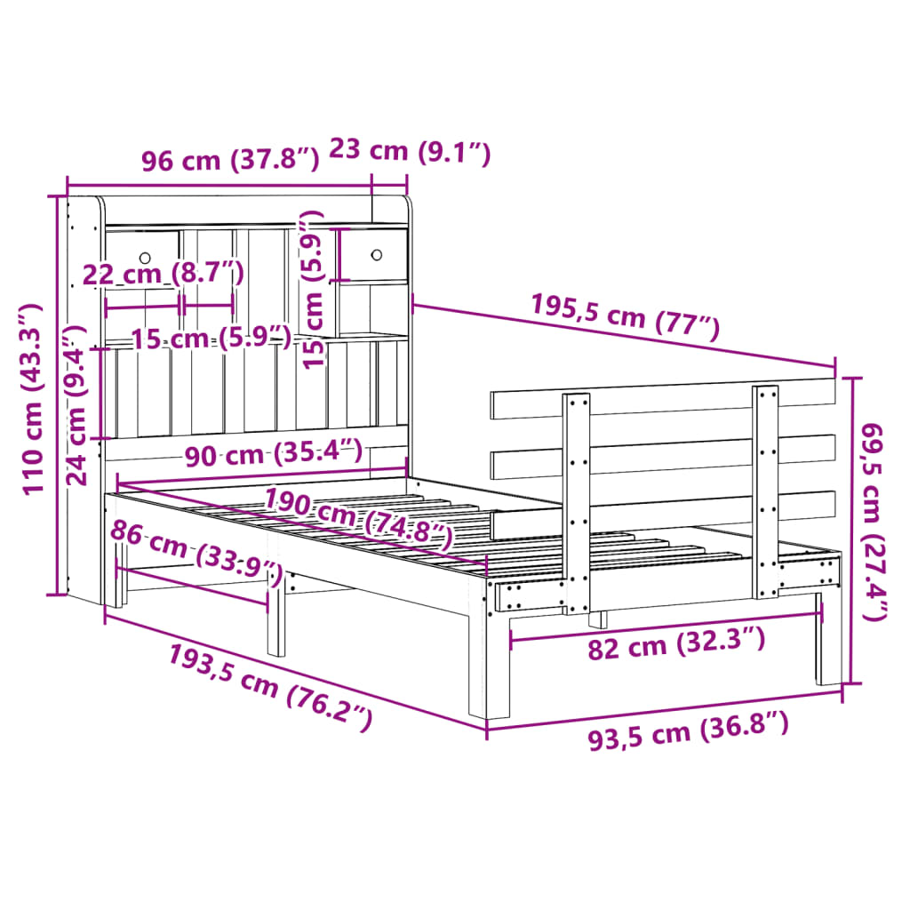 Bookcase Bed without Mattress White 90x190 cm Single Solid Wood Pine