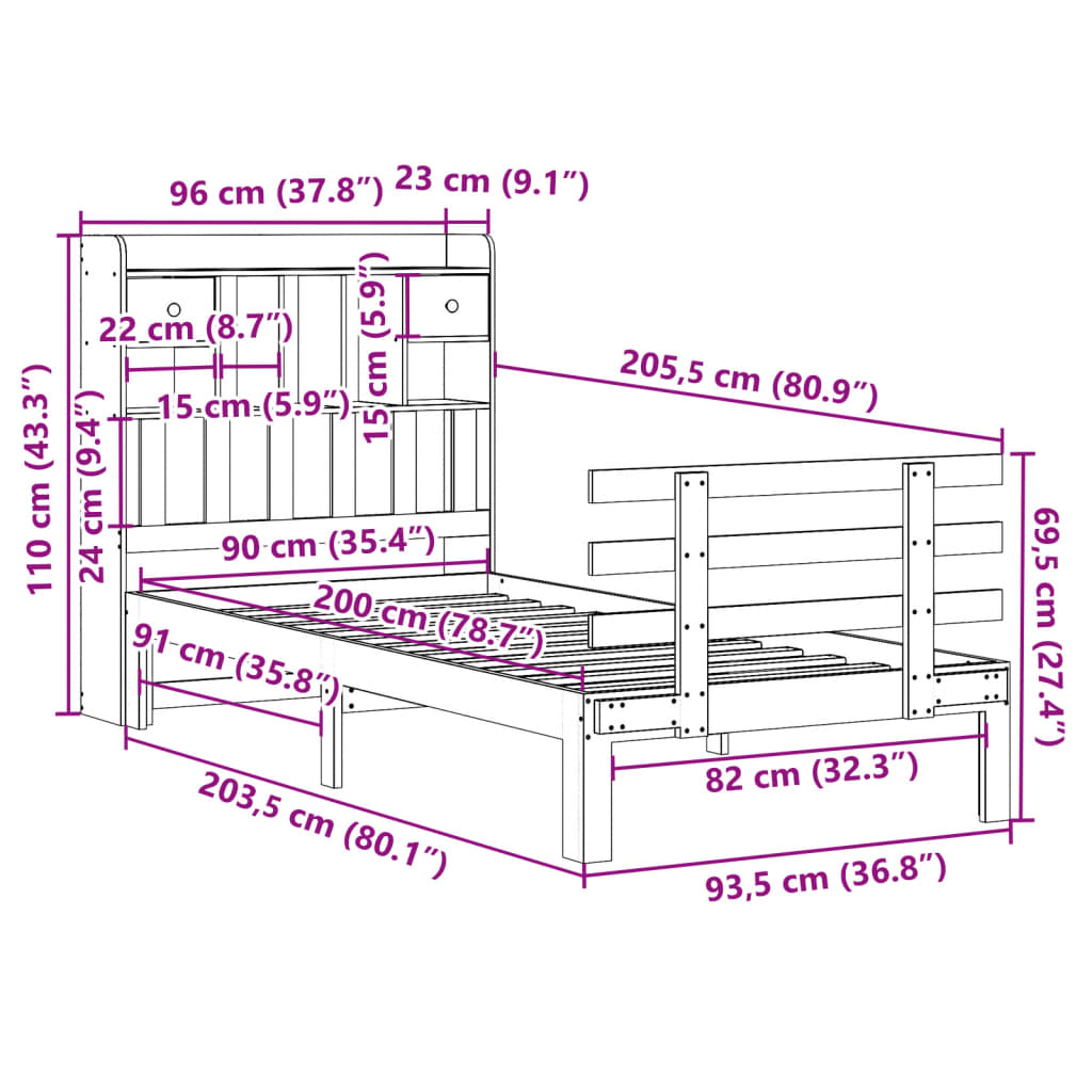 Bookcase Bed without Mattress White 90x200cm Solid Wood Pine