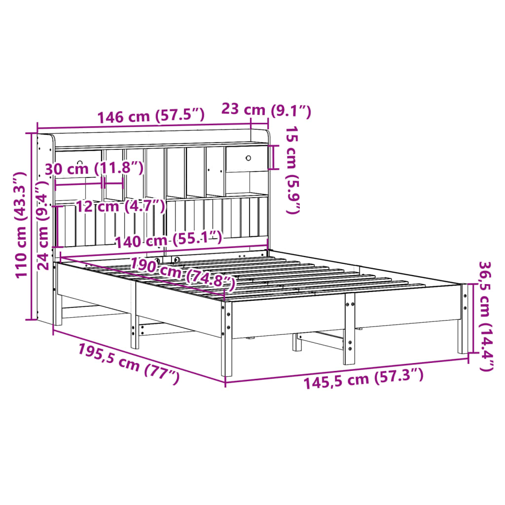 Bookcase Bed without Mattress Wax Brown 140x190 cm Solid Wood Pine