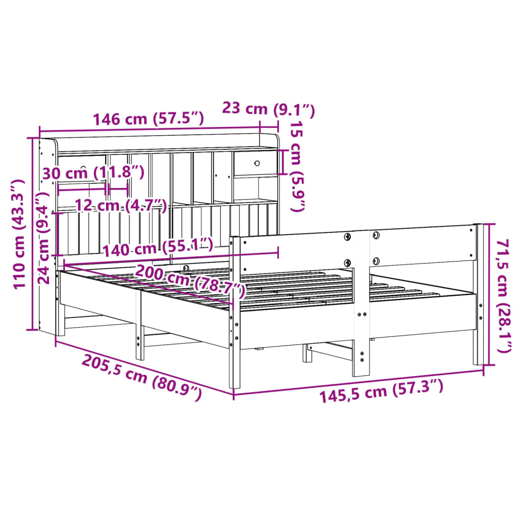 Bookcase Bed without Mattress 140x200cm Solid Wood Pine