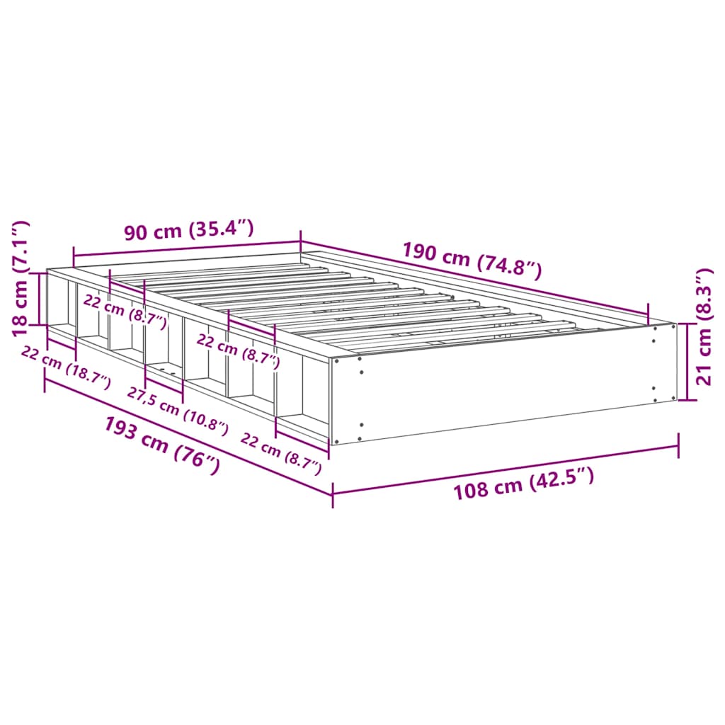 Bed Frame | Oak | Solid Oak Wood | 90x190 cm | Bed Frame | Rectangular