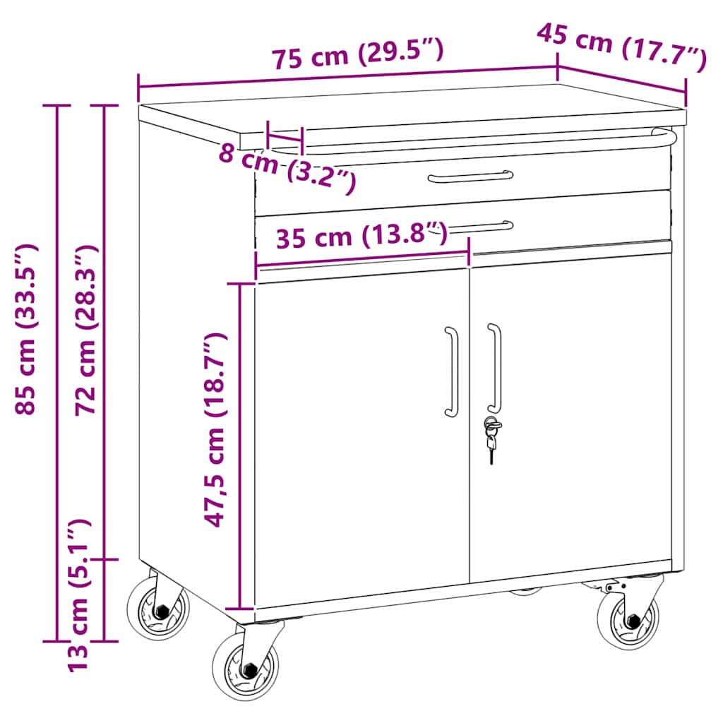 Trolley Rolling Workbench Black and Grey 75 x 45 x 85 cm