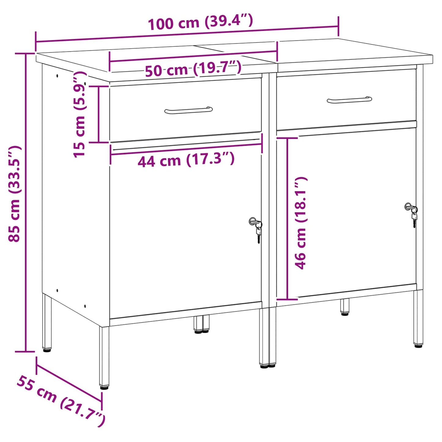 Work Cabinet with Drawer 2 pcs Black and Grey 100 x 55 x 85 cm